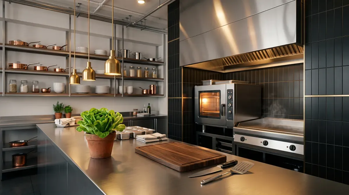 Cocina de acero con azulejo negro, ollas de cobre y una lechuga