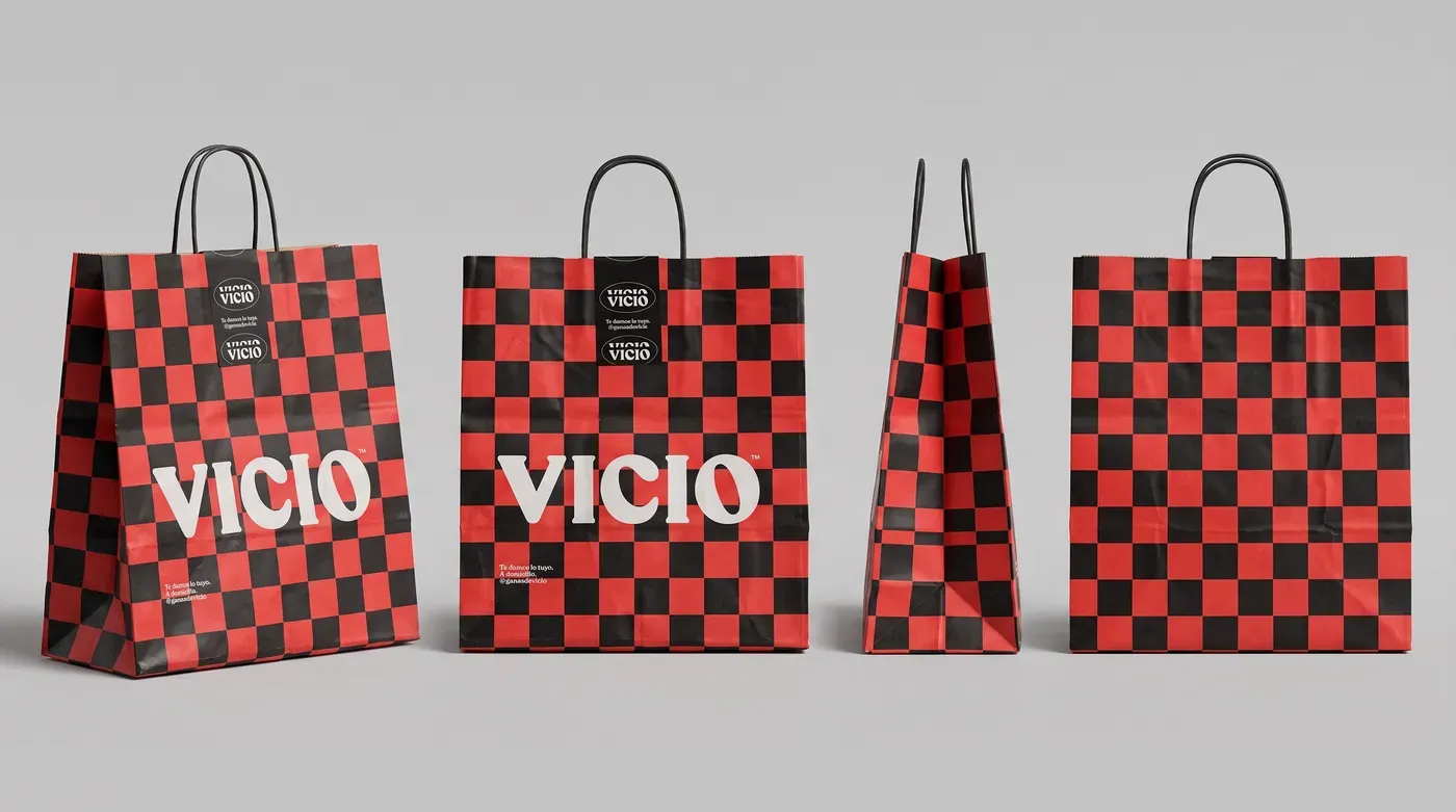 La bolsa de papel de cuadros rojos y negros con el logotipo VICIO, desde cuatro lados