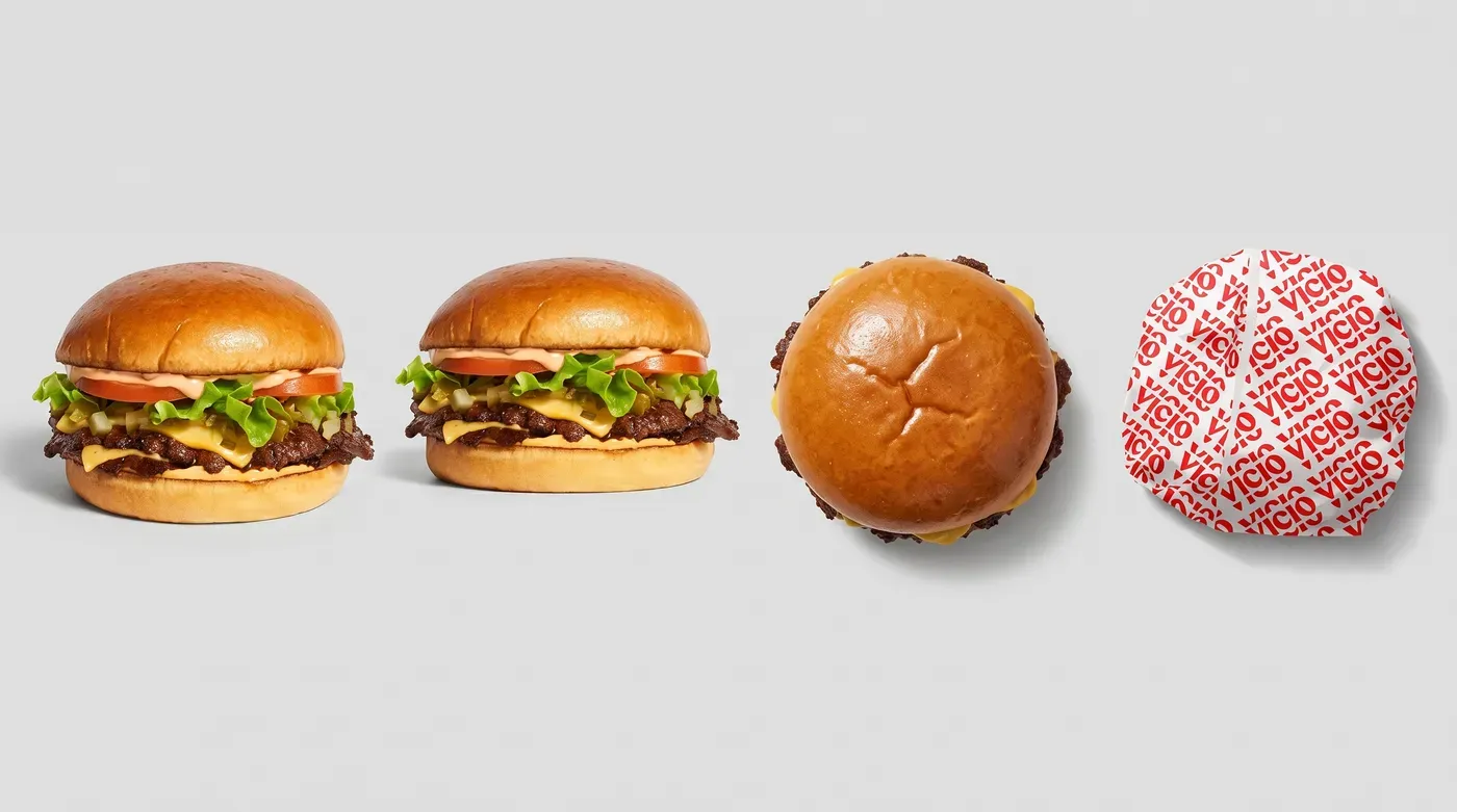 La hamburguesa vista de lado, desde arriba y envuelta en papel con el logotipo